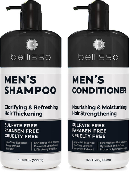 Mens Shampoo and Conditioner Set - Sulfate Free and Clarifying - For Men with Oily to Normal Hair - Moisturizing and Thickening - Biotin, Keratin, Tea Tree Oil, Caffeine and Peppermint for Dandruff
