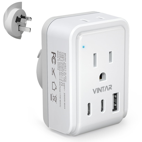 Australia New Zealand Power Adapter, VINTAR Australia Plug Adapter with 2 American Outlets 3 USB Ports(2 USB C), 5 in 1 Type I Travel Adapter for US to Australia, AU, Argentina, China, Fiji
