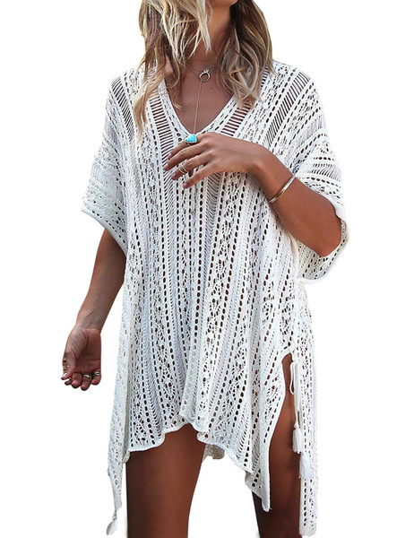 shermie Swimsuit Cover Ups for Women Short Sleeve V Neck Side Slit Loose Casual Mesh Knit Crochet Top White