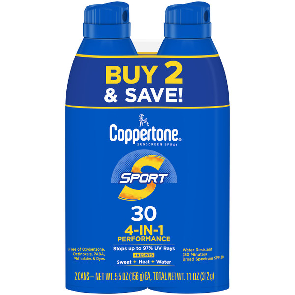 Coppertone Sport Sunscreen Spray SPF 30, Water Resistant Spray Sunscreen Pack, 5.5 Oz, Pack of 2 (Packaging May Vary)