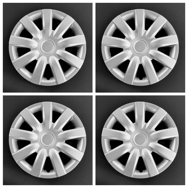 New Wheel Covers Hub Caps Fits 2004-2006 Toyota Camry; 15 Inch; 9 Spoke; Silver; Plastic; Set of 4; Spring Steel Clip