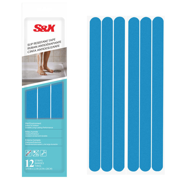 S&X Non Slip Bath Stickers,Gritty Textured Slip-Resistant Treads,0.75-Inch by 11-Inch,12 Strips Per Pack (Blue)