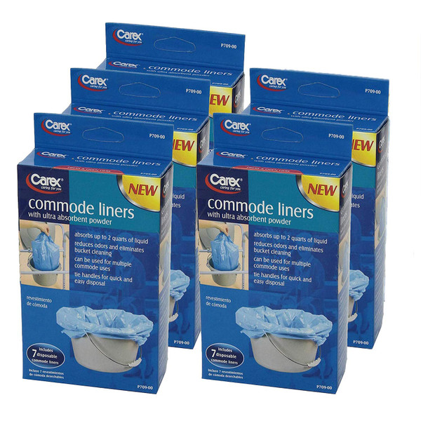 Carex Commode Liners, 35 Liners - Fits Most Commodes, with Absorbent Powder, Holds 2 Quarts Liquid, Disposable 7 Toilet Liners/Box, Pack of 5
