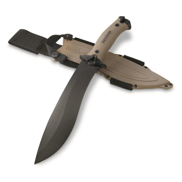 Kershaw Camp 10 Machete, Tan, 10 Inch Fixed Recurve Blade, 65Mn Carbon Tool Steel, Full-Tang Blade, Includes Sheath and Straps, Machete for Yard Work, Camping, Outdoors, Bushcraft and More