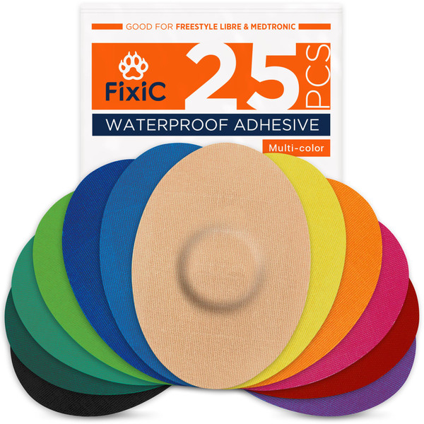 Fixic Freestyle Adhesive Patches 25 PCS – Good for Libre 1, 2, 3 & Plus – G7 & Stelo – Guardian – Waterproof Adhesive Bandages – Pre-Cut Back Paper – Long Fixation for Your Sensor! (Multi-Color)