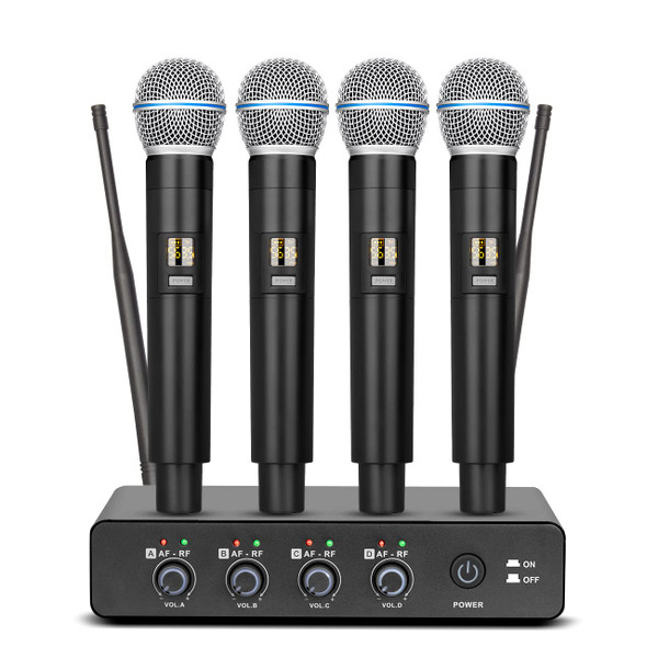Depusheng R4 Karaoke Wireless Microphones Professional 4 Channels Handheld Wireless Microphone System Metal Dynamic Mic for Karaoke Singing, House Party, Church, Performance