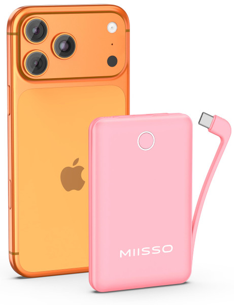 miisso 10000mAh Compatible with iPhone 15/16/17 and Android, Slim Portable Charger with Built in Cable, Power Bank Travel Charger External Battery Pack for Phone, 3 Output USB Type C Cord, Pink