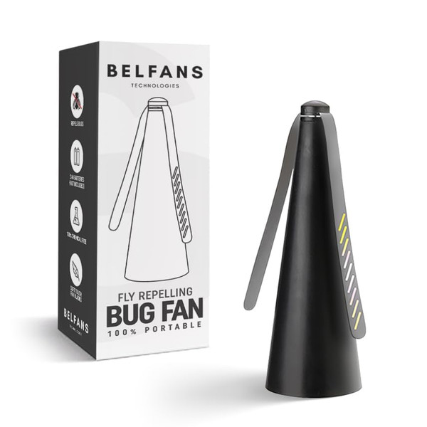 Belfans FlyRepellent Fan for Tables – USB Powered/AA Battery Powered, Soundless Fly Swatter with Holographic Blades – Portable Fly Fan for Bees, Wasps & Outdoor Use (1, Black)