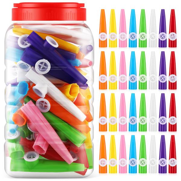 Jenaai 50 Pcs Plastic Kazoos Bulk with Bottle, Colorful Kazoo Musical Instrument for Kids, Good Companion for Guitar Violin Piano Keyboard Ukulele, Party Favors Gifts, 8 Colors