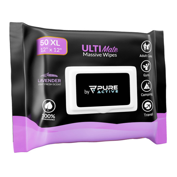 Pure Active XL Body Wipes for Face and Body, No Rinse Shower Wipes, with Aloe Vera, Vitamin E, and Alcohol Free, 12x12 Lavender 50 Pack
