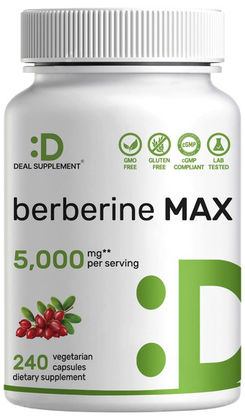 DEAL SUPPLEMENT Berberine Max Supplement with Turmeric, 5,000mg Per Serving, 240 Veggie Capsules – 97% Pure Berberine HCl – 20:1 Turmeric Root Extract – Vegetarian Friendly, Non-GMO