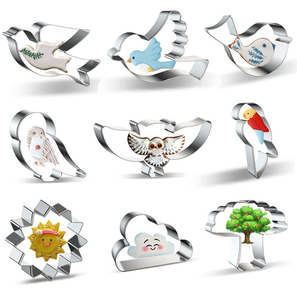 Stainless Steel Bird Cookie Cutters - 9-Piece Set: Dove, Pigeon, Owl, Sparrow, Parrot, Little Bird, Flying Woodland Animals and Sky Sun Cloud Tree Shapes - Biscuit and Fondant Molds