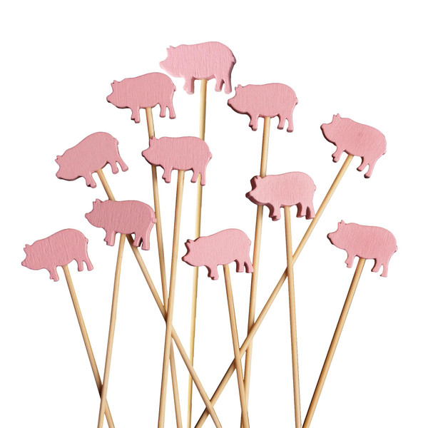 BambooMN 5.9" Pink Pig Fancy Cocktail Appetizers Bamboo Toothpick Picks Stirrer Sticks for Fruit Party, Charcuterie Accessories and Drinks, 100 Pieces