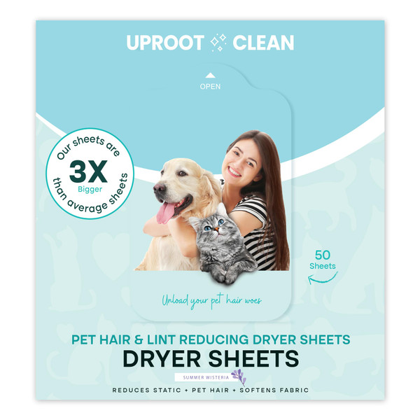Uproot Clean Dryer Sheets Pet Hair Reducing - Pet Hair Remover for Laundry - Breaks Static Bonds and Prevents Dog and Cat Fur from Sticking to Clothes - Softens, Freshens, & Reduces Wrinkles - 50ct Uproot Clean Dryer Sheets Pet Hair Reducing - Pet Hair Remover for Laundry - Breaks Static Bonds and Prevents Dog and Cat Fur from Sticking to Clothes - Softens, Freshens, & Reduces Wrinkles - 50ct
