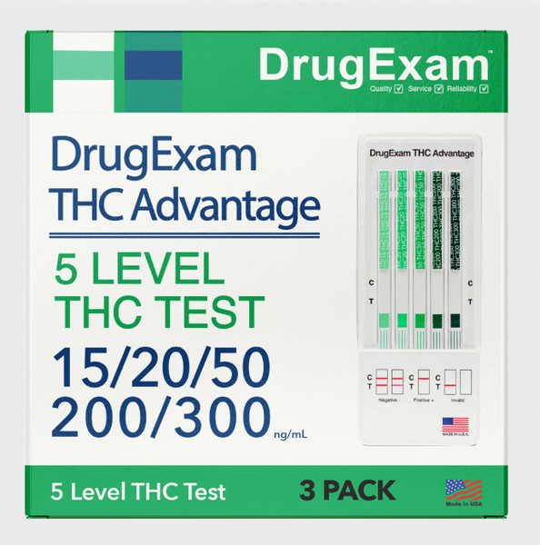 3 Pack - DrugExam THC Advantage Made in USA Multi Level Marijuana Urine Test Kit. Highly Sensitive THC 5 Level Drug Test Kit. Detects at 15 ng/mL, 20 ng/mL, 50 ng/mL, 200 ng/mL and 300 ng/mL (3) 3 Pack - DrugExam THC Advantage Made in USA Multi Level Marijuana Urine Test Kit. Highly Sensitive THC 5 Level Drug Test Kit. Detects at 15 ng/mL, 20 ng/mL, 50 ng/mL, 200 ng/mL and 300 ng/mL (3)
