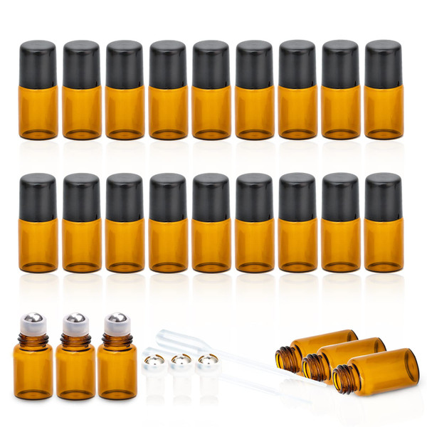 ZEJIA 2ML Essential Oil Roller Bottles, 24 Pack Amber roller bottles for oils, Mini Glass Roll on Bottles with Stainless Steel Roller Balls&2 Droppers