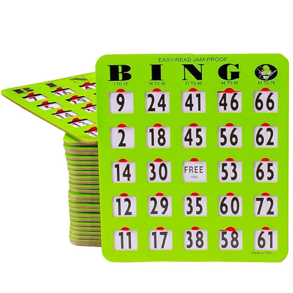 MR CHIPS Jam-Proof Easy-Read Large Print Fingertip Bingo Cards with Sliding Windows 25 Pack in Green Style