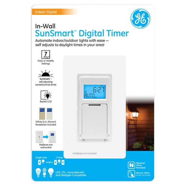 GE SunSmart Digital In-Wall Timer - Daily ON/OFF Times, Programmable Settings, Sunset/Sunrise Presets, Vacation Security - White & Almond Light, Fan, Heater Switch - 32787 GE SunSmart Digital In-Wall Timer - Daily ON/OFF Times, Programmable Settings, Sunset/Sunrise Presets, Vacation Security - White & Almond Light, Fan, Heater Switch - 32787
