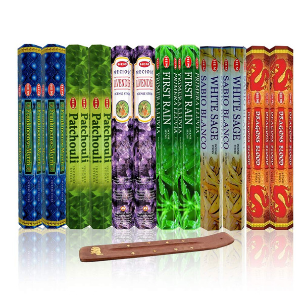 Six Most Popular HEM Incense Scents With Free Burner - 40 Sticks Each of Dragon's Blood, Frankincense & Myrrh, Patchouli, Precious Lavender, First Rain, and White Sage 240 TOTAL STICKS