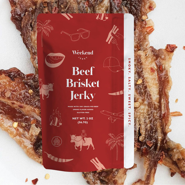 Premium Beef Brisket Jerky by Weekend Jerky - Made with 100% Grass-Fed Beef Gluten-Free Sweet Spicy Smoky Salty Fatty Thin Crispy Super Tasty Flavorful Highly Addicting No Added Refined Sugars (2oz)