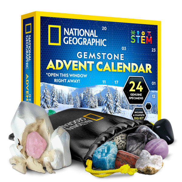 NATIONAL GEOGRAPHIC Gemstone Advent Calendar - 2025 Christmas Countdown Calendar for Kids with 24 Gems to Open Each Day, Complete Rock Collection with Mini Gemstone Dig Kit