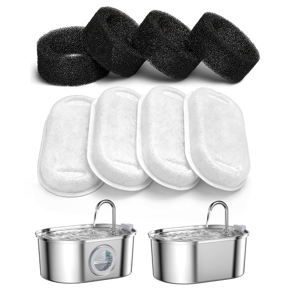 SOOFPET Stainless Steel Cat Water Fountain Filters: 8-Pack (Carbon + Foam) - Replacement for 108oz/3.2L Dog Bowl Dispenser