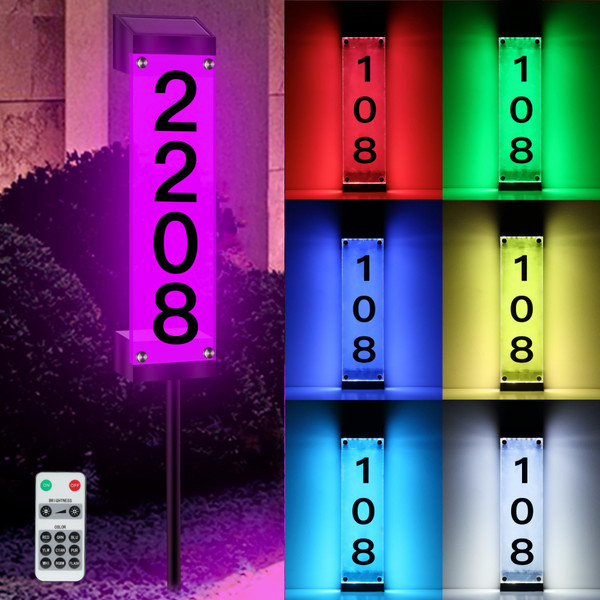 Tomskiko Solar Address Sign - Solar House Numbers for Outside Waterproof Color Changing Address Plaques with Remote Control, LED House Numbers for Yard Street Door Outdoor Home with Stake (Multicolor)