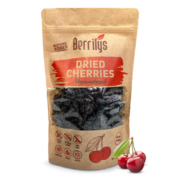 Berrilys Dried Dark Sweet Cherries, No Added Sugar, 10 oz, Pitted, Unsulfured, Sweet Cherry, Unsweetened, No Preservatives, Non-GMO, Kosher