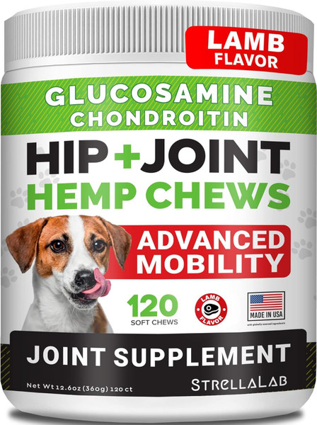 Advanced Hemp + Glucosamine Dog Joint Supplement - Hip Joint Pain Relief - Mobility Chews for Dogs - Chondroitin, MSM, Omega - Made in USA - Lamb Flavor - 120 Hemp Treats