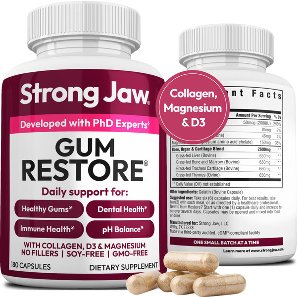 Strong Jaw Gum Restore - Gum Repair for Receding Gums | Teeth Magnesium Supplements, Oral Care, Remineralizing Dental Health Vitamins for Adults | 1 Month Supply, 180 Capsules, Made in USA