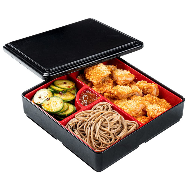 Restaurantware-8.3 x 2.2 Inch Compartment Lunch Container, 1 Japanese Style Adult Lunch Container - With 4 Compartments, Greaseproof, Black & Red Plastic Divided Meal Box, For Hot & Cold Food