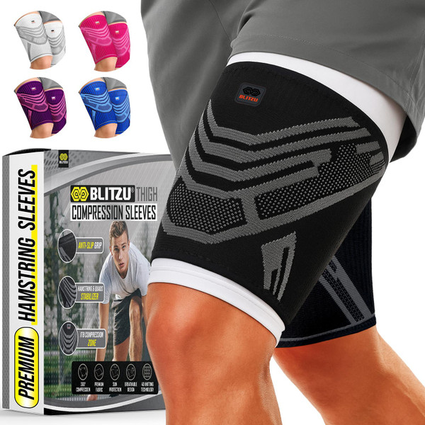 Hamstring Compression Sleeve 1 Pair, Upper Leg Sleeves, Thigh, Quad & Groin Support for Men and Women, Anti-Slip Thigh Brace & Wrap for Running, Workout, Sports Recovery Black L