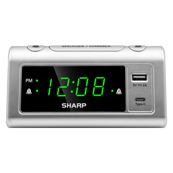 Sharp Alarm Clock for Bedrooms, Super Fast USB-C Charging and Fast 2 Amp USB Charging, 2 Alarms, 3-Step Dimmer, Snooze, Easy to Set Controls, Silver with Green LED Display Sharp Alarm Clock for Bedrooms, Super Fast USB-C Charging and Fast 2 Amp USB Charging, 2 Alarms, 3-Step Dimmer, Snooze, Easy to Set Controls, Silver with Green LED Display