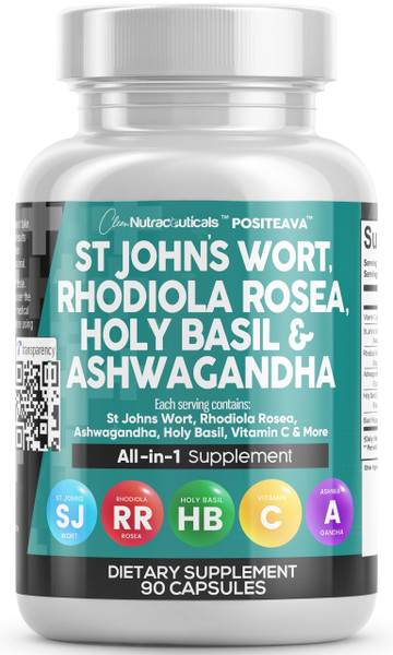 Clean Nutraceuticals St Johns Wort Rhodiola Rosea Holy Basil Ashwagandha - Mood Support for Women and Men with Vitamin C & Black Pepper Extract - 90 Caps
