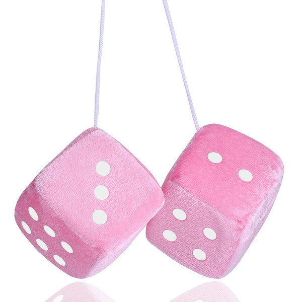 Fuzzy Dice for Rear View Mirror, Pink Fuzzy Dice for Car Mirror, 2.75inch Pair of Plush Retro Square Hanging Dice with White Dots Cute Car Decoration Ornament Accessories