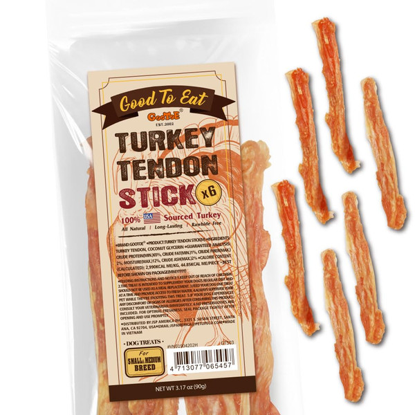 Gootoe Turkey Tendons for Dogs –All-Natural, Hypoallergenic Dog Treats, Rawhide Alternative, Long Lasting Puppy Chews, Healthy Dog Treats for Medium Breeds, Stick (M), 6 Count Pack
