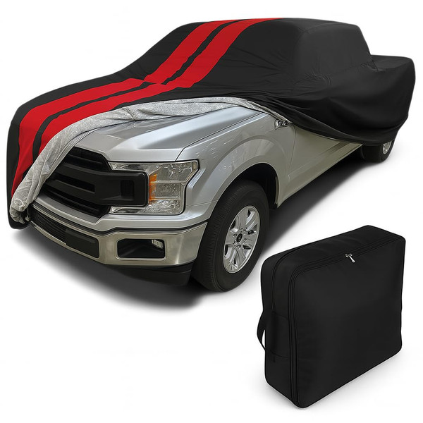 SR1 USA 2001-2026 F150 Custom Fit Car Cover - Ultraguard Plus 1/2 Ton Truck Full Size Heavy Duty Water Resistant 300 Denier with Cotton Lining for F-150, Lightning & Raptor (Black with Red Stripes)