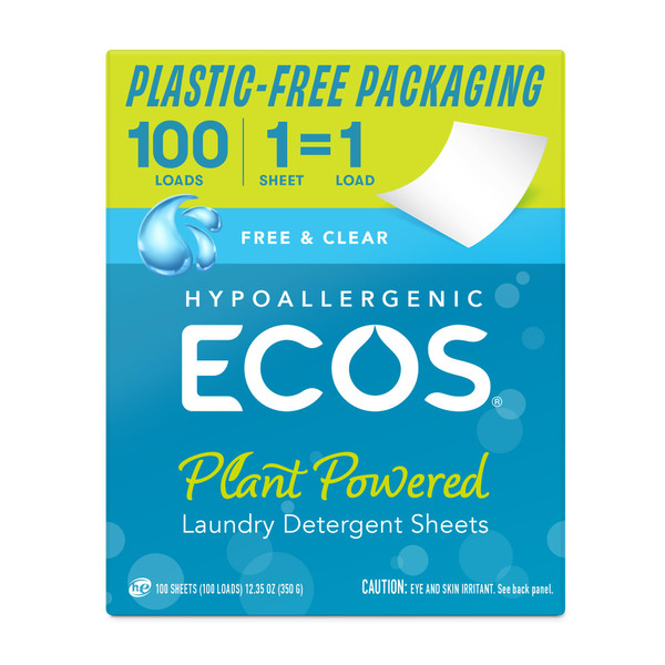 ECOS Laundry Detergent Sheets Vegan, No Plastic Jug, No Mess, Liquid Free - Hypoallergenic, Plant Powered Laundry Detergent Sheet - Free and Clear - 100 Count (Pack of 1)