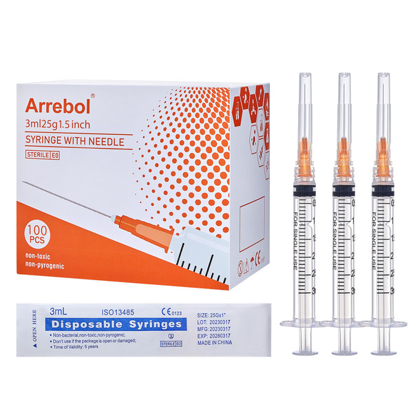 Arrebol 3ml syringe with luer lock needle,Plastic Disposable Syringe Tool for Scientific Labs,Liquids Refilling,Measuring,Individually Sealed Packaging (3ml with 25G1.5inch Needle 100-Pack)