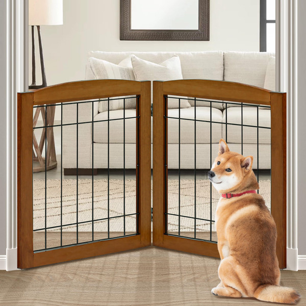 LZRS 2-Panel Freestanding Foldable Wood Dog Gate – Solid Wood & Steel Wire, Chew-Resistant Pet Barrier for Indoor Use, Ideal for Small to Medium Dogs, Cherry