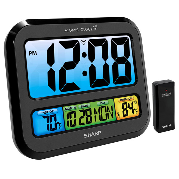 Sharp Atomic Clock with Bright Color Display, Atomic Accuracy, Jumbo 3" Easy to Read Numbers - Indoor/Outdoor Temperature Display with Wireless Outdoor Sensor