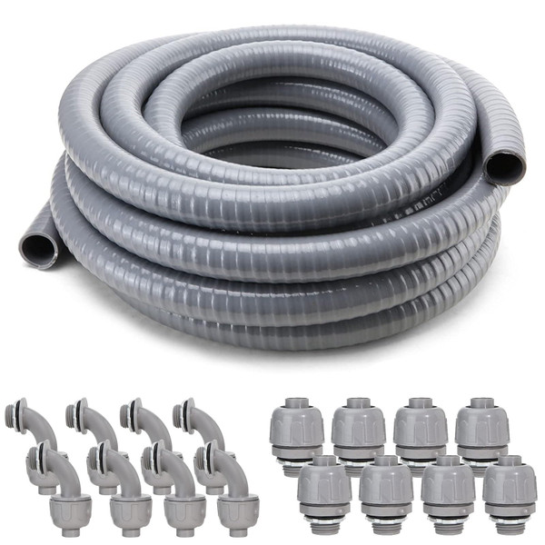 DWALE Liquid-Tight Conduit and Connector Kit,Flexible Non Metallic Liquid Tight Electrical Conduit,1/2inch 25ft Electrical Conduit Kit,with 8 Straight and 8 Angle Fittings Included,1/2 in. Dia