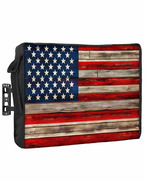 American Flag Outdoor TV Cover 60 to 65 Inches Weatherproof & Waterproof, Red Striped Blue Star Outdoor TV Enclosure with Remote Control Pocket, Vintage Wooden TV Screen Protectors for Outside TV