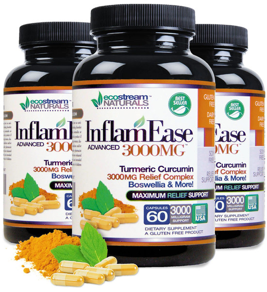 ecostream Naturals Pack of 3 - Natural Advanced InflamEase with Turmeric, Curcumin, Enzymes and Boswellia - Vegetarian (Packaging May Vary)
