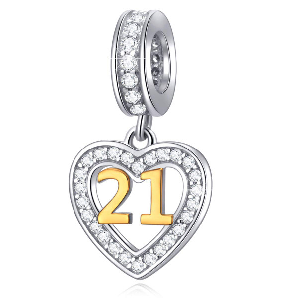 21 Years of Love Birthday Charms fits Pandora Women Bracelet, 925 Sterling Silver Number 21 Heart Bead Pendant, 21st Milestones Gifts for Friend/Sister