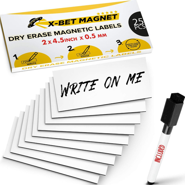 X-bet MAGNET Dry Erase Magnetic Labels - Reusable Sticky Notes - Magnetic Notepads for Refrigerator (White, 25)