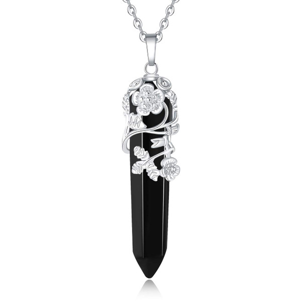 XIANNVXI Mothers Day Gifts Natural Black Agate Crystal Point Pendant Necklace Reiki Healing Crystals Stone Necklaces Gemstone Quartz Flower Wrapped Jewelry for Women