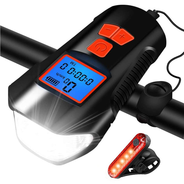 Bike Light Set,Bicycle Headlight with Horn andSpeedometer Odometer,USB Rechargeable Bicycle Front Light and Tail Light,Fits All Mountain & Road Bike