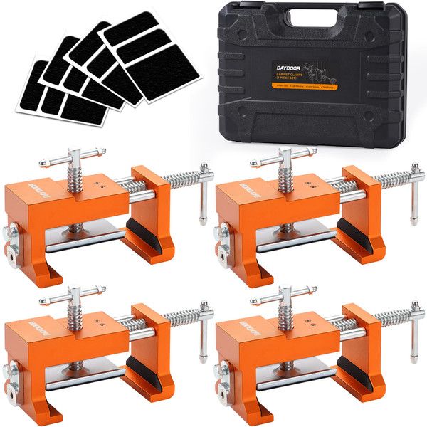 DAYDOOR Professional Cabinet Clamps 4 Pack, Heavy-Duty Cast Steel, Integrated Drill Guide & EVA Protection, Face Frame Alignment Tool for Cabinet Installation & Woodworking, Orange