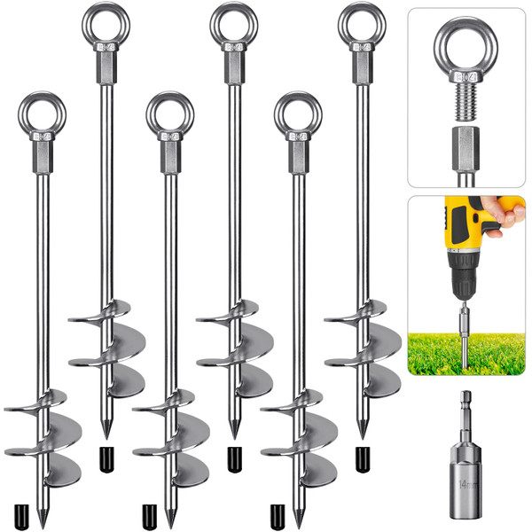 Dolibest 18" Heavy-Duty Ground Anchors Screw in, 3" Wide Spiral Earth Anchors for Swing Set, Wind Resistant Mobile Home, Trampoline, Sheds - Fully Welded Ground Anchors-Set of 6